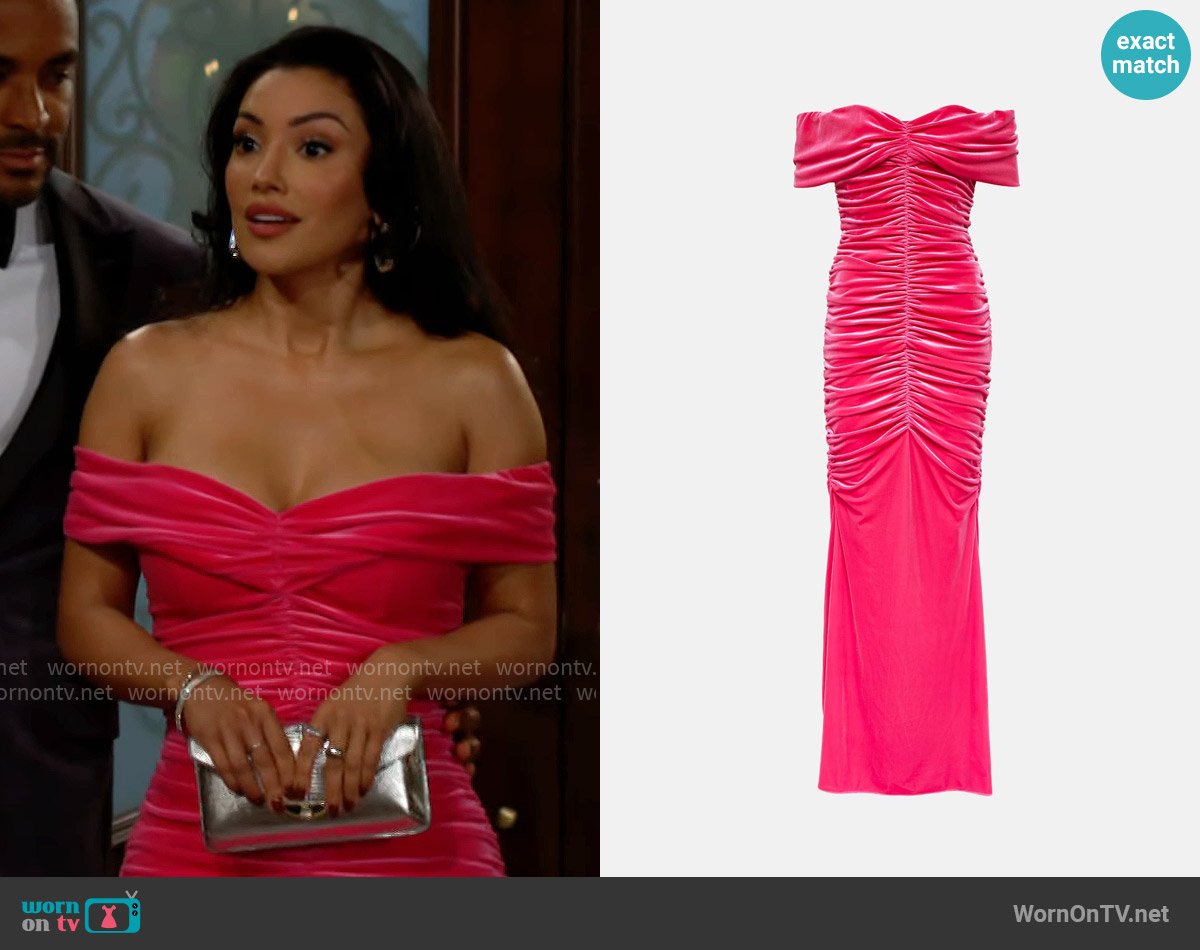 Monique Lhuillier Ruched off-shoulder velvet gown worn by Audra Charles (Zuleyka Silver) on The Young and the Restless