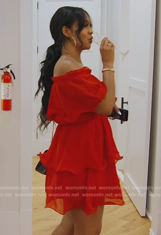 Monique's red off shoulder ruffle dress on The Real Housewives of Potomac