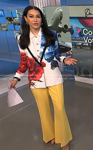 Morgan's white floral blazer and yellow flare pants on NBC News Daily