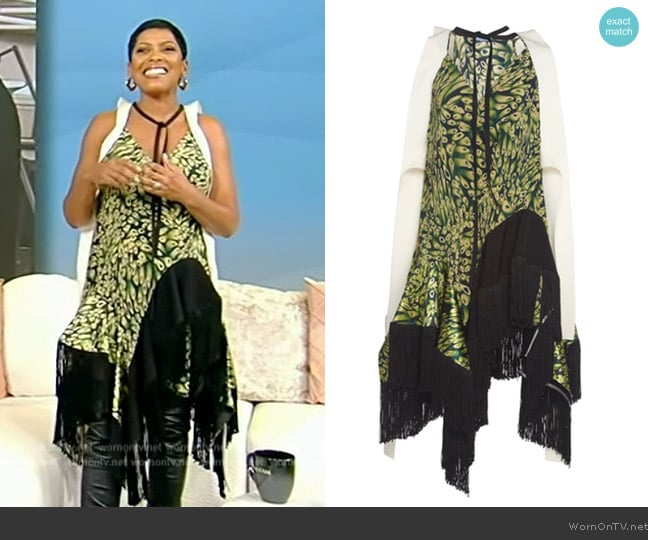 Mugler Fringed Printed Wrap Silk Dress In Multi worn by Tamron Hall on Tamron Hall Show