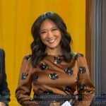 Nancy Chen’s brown and black floral midi dress on CBS Mornings