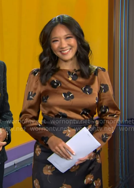 Nancy Chen’s brown and black floral midi dress on CBS Mornings