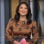 Nancy Chen’s brown and black floral midi dress on CBS Mornings