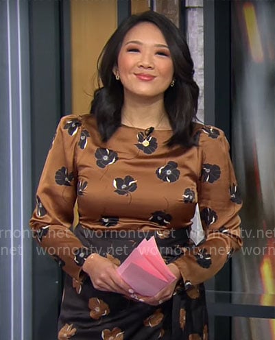 Nancy Chen’s brown and black floral midi dress on CBS Mornings