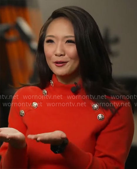 Nancy Chen's red sweater with gold buttons on CBS Mornings