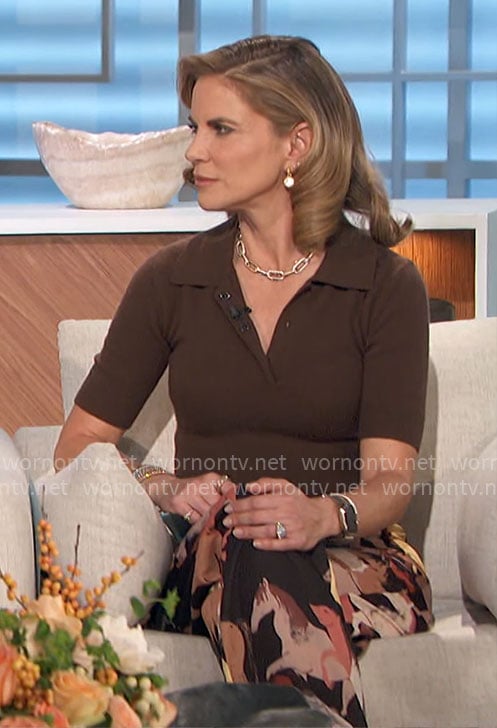 Natalie’s brown polo top and horse print pants on The Talk