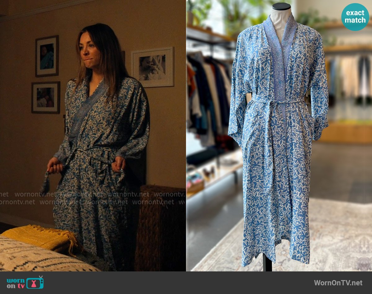 Natalie Martin Diane Robe in Gloriosa Print Cornflower worn by Ava Bartlett (Kaley Cuoco) on Based on a True Story