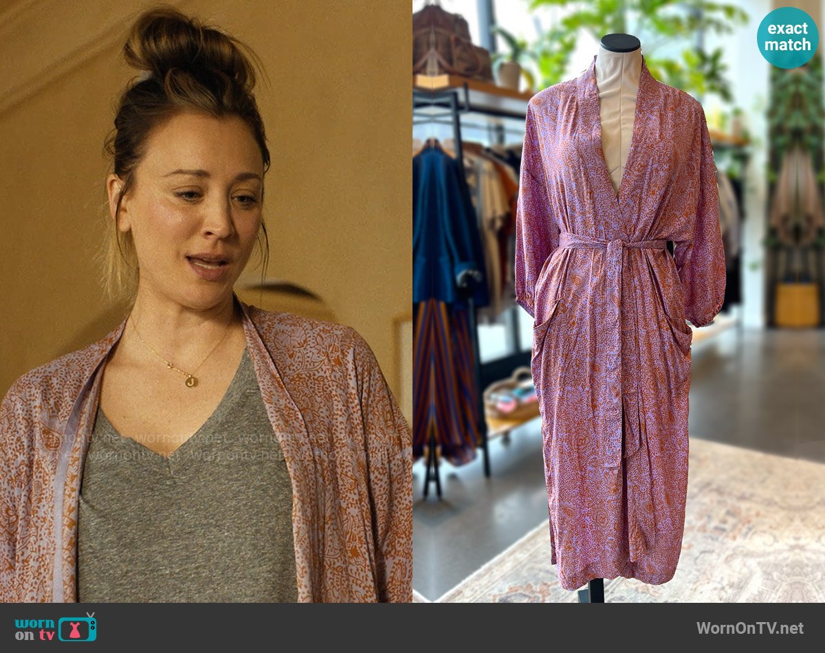 Natalie Martin Chiara Robe in Shangri-La Print Orchid worn by Ava Bartlett (Kaley Cuoco) on Based on a True Story