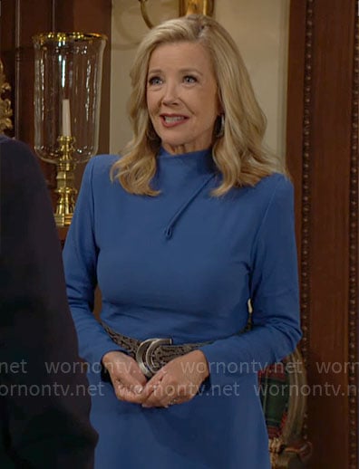 Nikki’s blue long sleeved midi dress and snake belt on The Young and the Restless