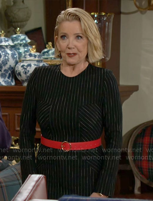 Nikki’s black pinstripe dress on The Young and the Restless