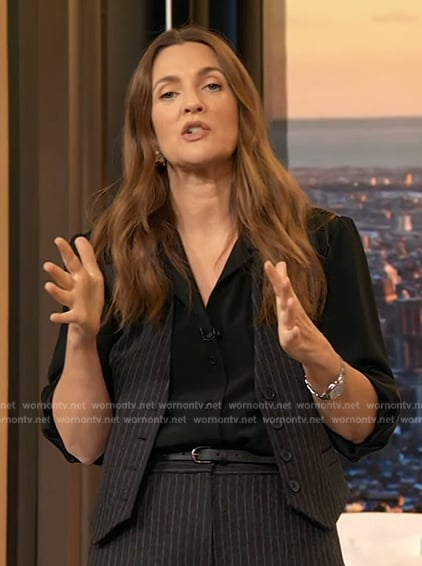 Drew’s black pinstripe vest and pants on The Drew Barrymore Show