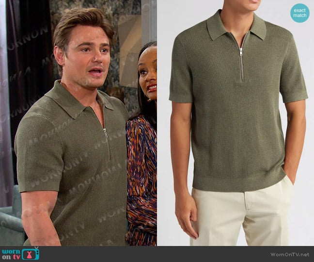 NN07 Hansie Zip Ribbed Organic Cotton Sweater Polo in Capers worn by Johnny DiMera (Carson Boatman) on Days of our Lives