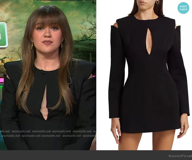 Kelly’s black cold shoulder mini dress on The Kelly Clarkson Show