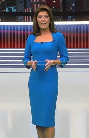 Norah's blue square neck sheath dress on CBS Evening News