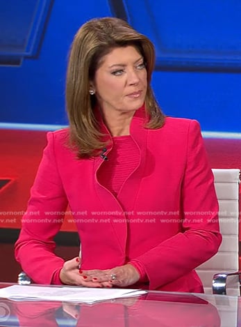 Norah's pink ruffled blazer on CBS Evening News