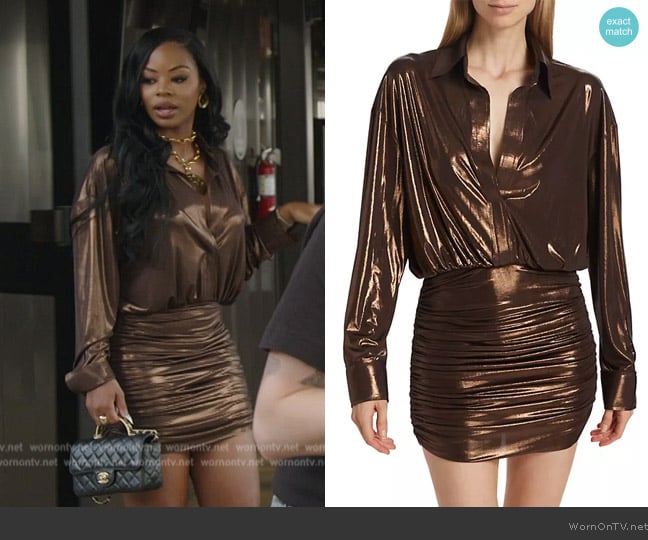 Norma Kamali Oversized Shirt Shirred Bottom Mini Dress worn by Keiarna Stewart on The Real Housewives of Potomac