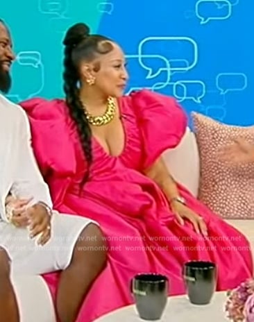 Nova Styles' pink puff sleeve maxi dress on Tamron Hall Show