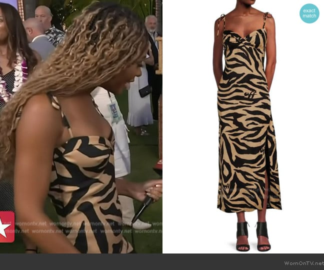 Off-White Zebra print side-slit dress worn by Zuri Hall on Access Hollywood