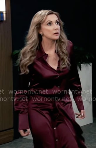 Holly’s burgundy satin shirtdress on General Hospital