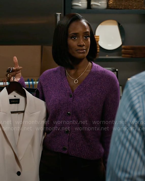 Olympia's purple v-neck cardigan on Matlock