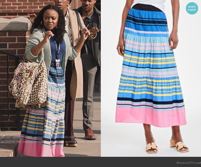 On 34th Cotton Multi-Stripe Tiered Maxi Skirt worn by Janine Teagues (Quinta Brunson) on Abbott Elementary