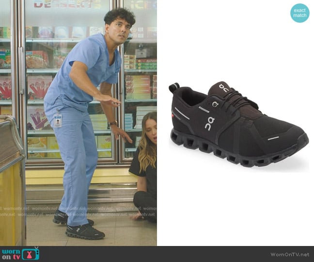 On Cloud 5 Waterproof Running Shoe in All Black worn by Lucas Adams (Niko Terho) on Greys Anatomy