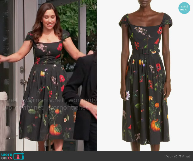 Oscar de la Renta Belted Garden Print Cap Sleeve Stretch Cotton Poplin Midi Dress worn by Lacey Chabert on Celebrations with Lacey Chabert