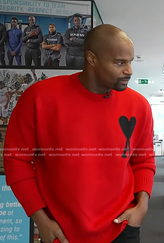 Osi Umenyiora's red heart print sweater on Today