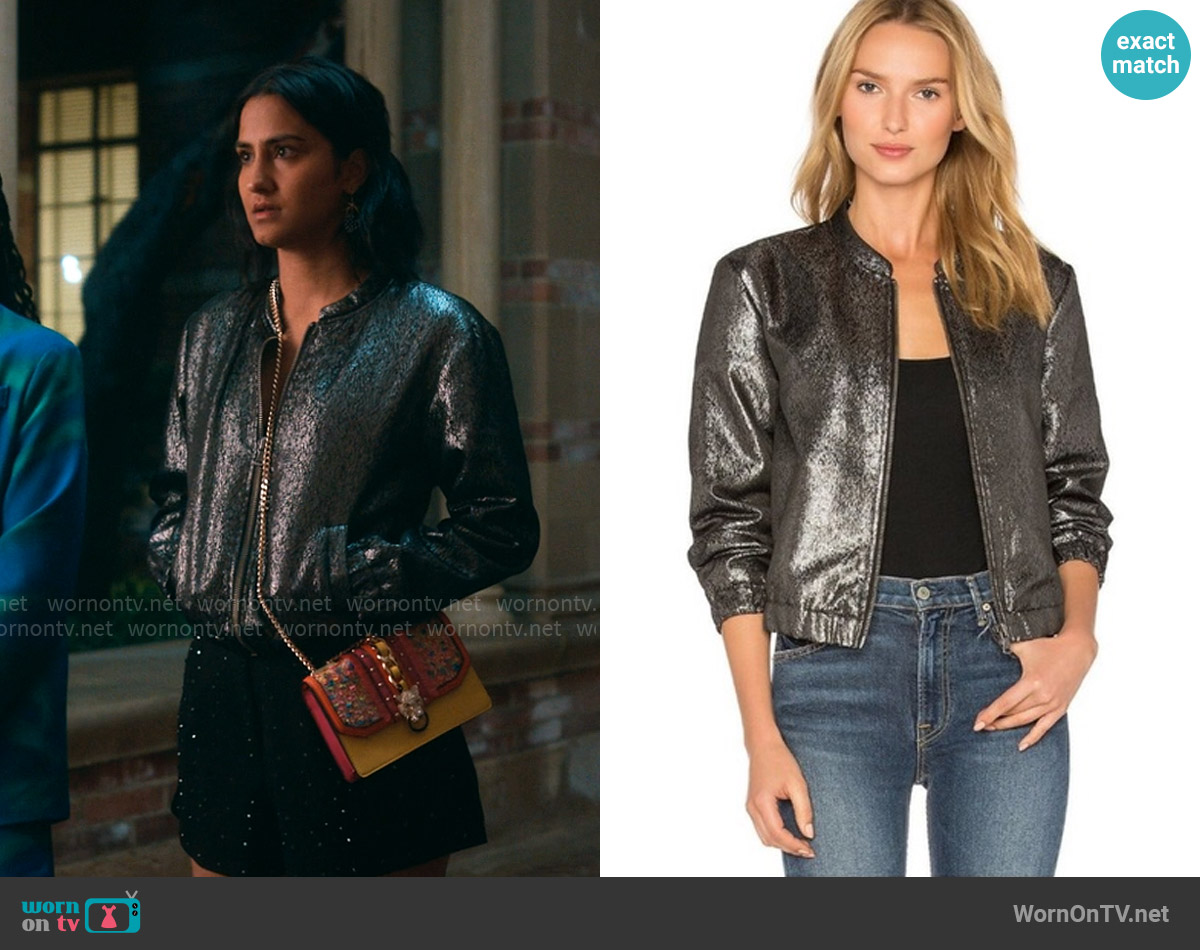 Paige Rosie Metallic Jacket worn by Bela Malhotra (Amrit Kaur) on The Sex Lives of College Girls