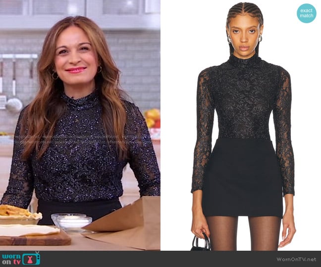 PatBO Metallic Lace High Neck Bodysuit in Black worn by Anna Francese Gass on Good Morning America