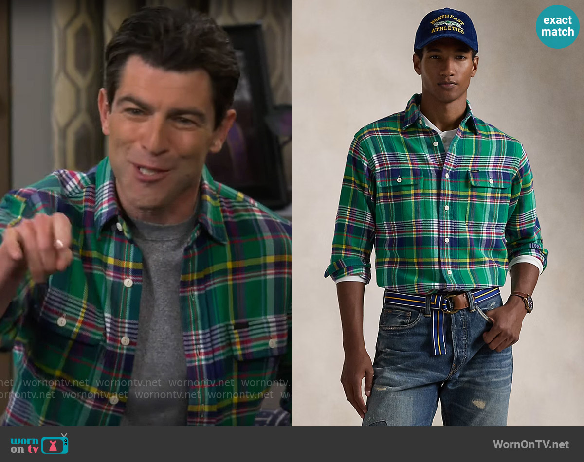 Polo Ralph Lauren Classic Fit Plaid Flannel Workshirt worn by Dave Johnson (Max Greenfield) on The Neighborhood