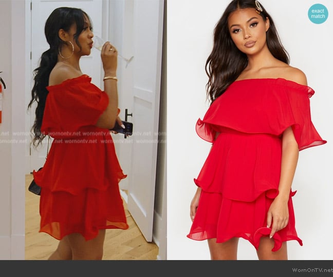 Pretty Little Thing Red Chiffon Bardot Ruffle Tiered Dress worn by Monique Samuels on The Real Housewives of Potomac