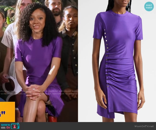 Rabanne Drapé Pression Short Sleeve Minidress in Violet worn by Tiffany Boone on Good Morning America