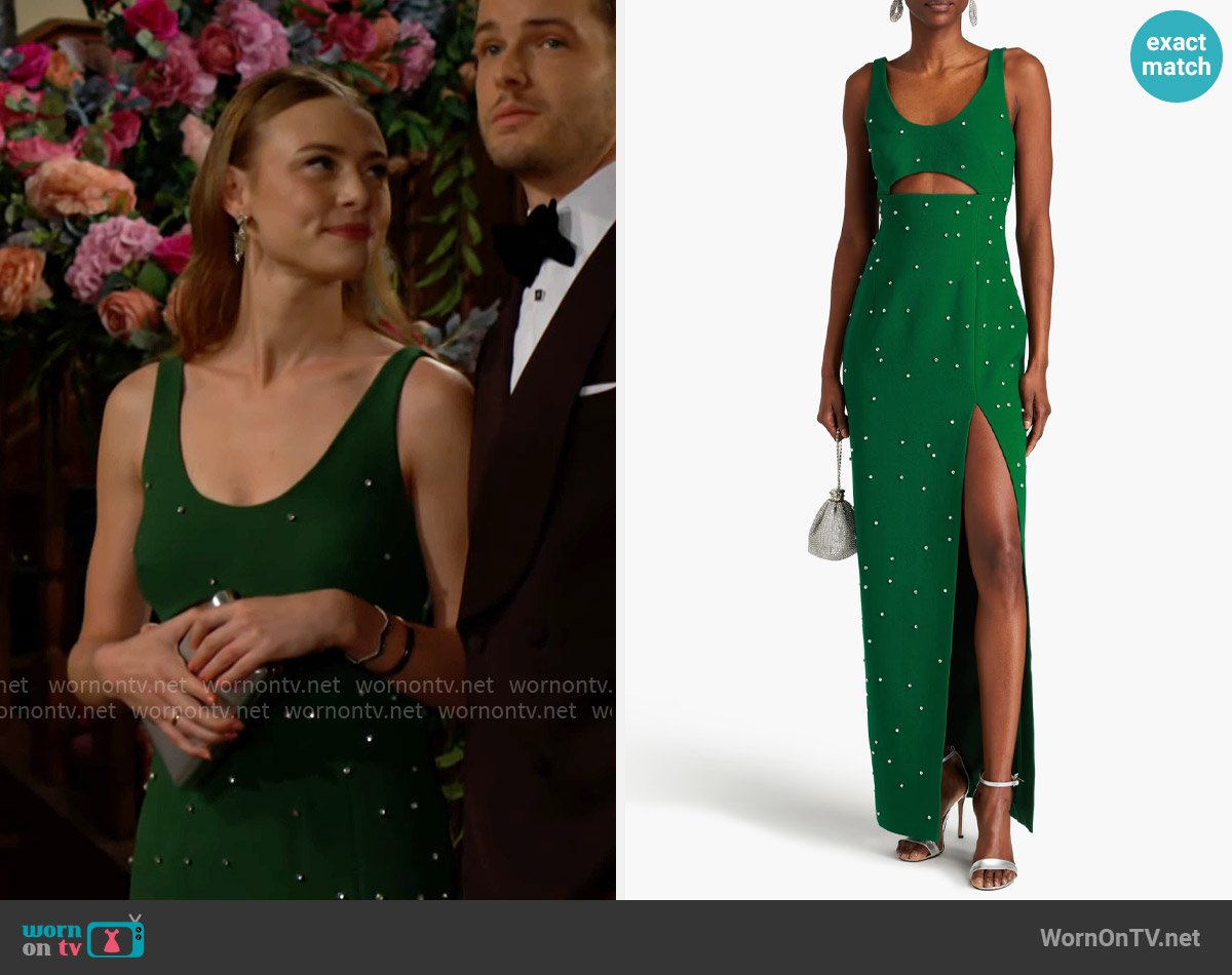 Rachel Gilbert Aliyah cutout crystal-embellished crepe gown worn by Claire Grace (Hayley Erin) on The Young and the Restless