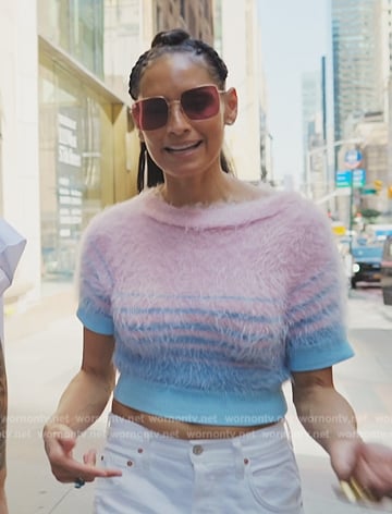 Racquel’s fuzzy stripe short sleeve sweater on The Real Housewives of New York City