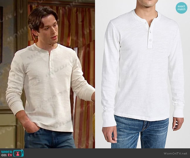 Rag & Bone Classic Slim Fit Henley in white worn by Tate Black (Leo Howard) on Days of our Lives