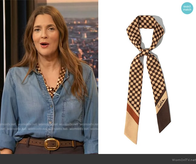 Lost Pattern NYC Checkerboard Twilly Scaft in Coffee worn by Drew Barrymore on The Drew Barrymore Show