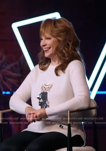 Reba McEntire’s white teddy bear sweater on Access Hollywood