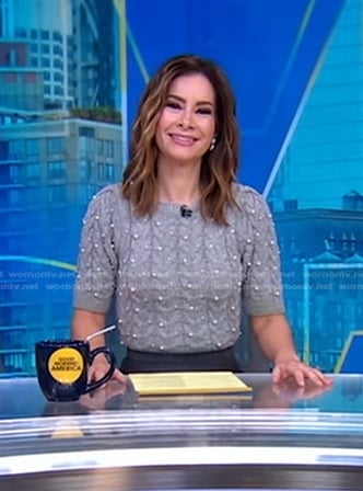 Rebecca’s grey pearl embellished sweater on Good Morning America