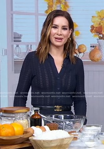 Rebecca's navy knit shirt and skirt on Good Morning America