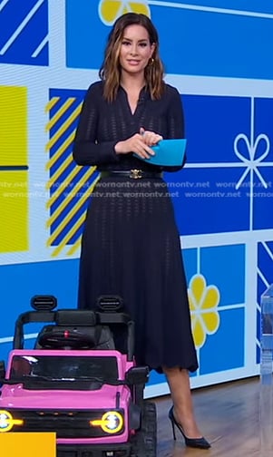 Rebecca’s navy knit shirt and skirt on Good Morning America