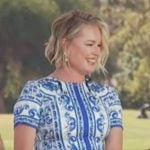 Rebecca Romijn’s blue printed mini dress on Live with Kelly and Mark