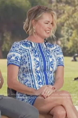 Rebecca Romijn’s blue printed mini dress on Live with Kelly and Mark