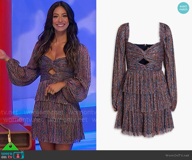 Rebecca Vallance Blossom tiered printed plissé-crepon mini dress worn by Manuela Arbeláez on The Price is Right