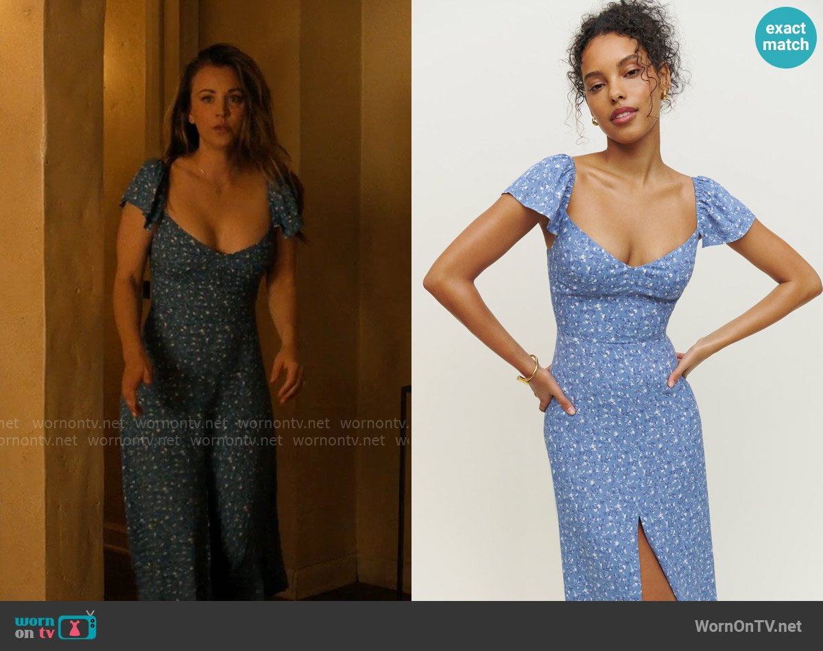 Ava’s blue floral dress on Based on a True Story