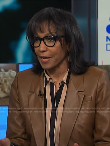 Rehema Ellis’s brown leather blazer on NBC News Daily