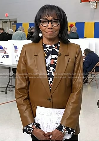 Rehema Ellis’s brown leather blazer on NBC News Daily