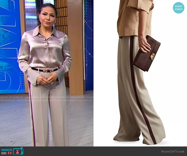 Reiss Isla Wide-Leg Striped Trousers in Stone worn by Stephanie Ramos on Good Morning America