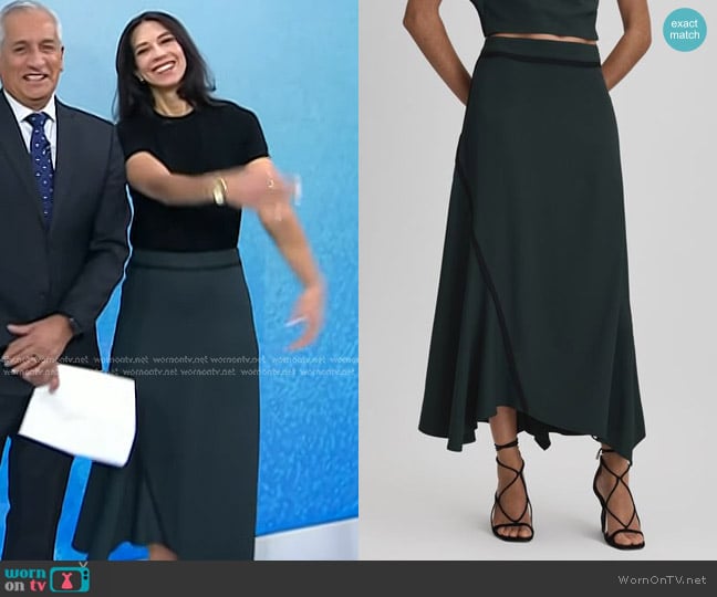 Reiss Sara Asymmetric Contrast Trim Midi Skirt in Green worn by Dr. Natalie Azar on Today