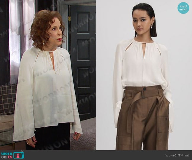 Reiss Gracie Cut-Out Flute Sleeve Blouse in Ivory worn by Vivian Alamain (Louise Sorel) on Days of our Lives